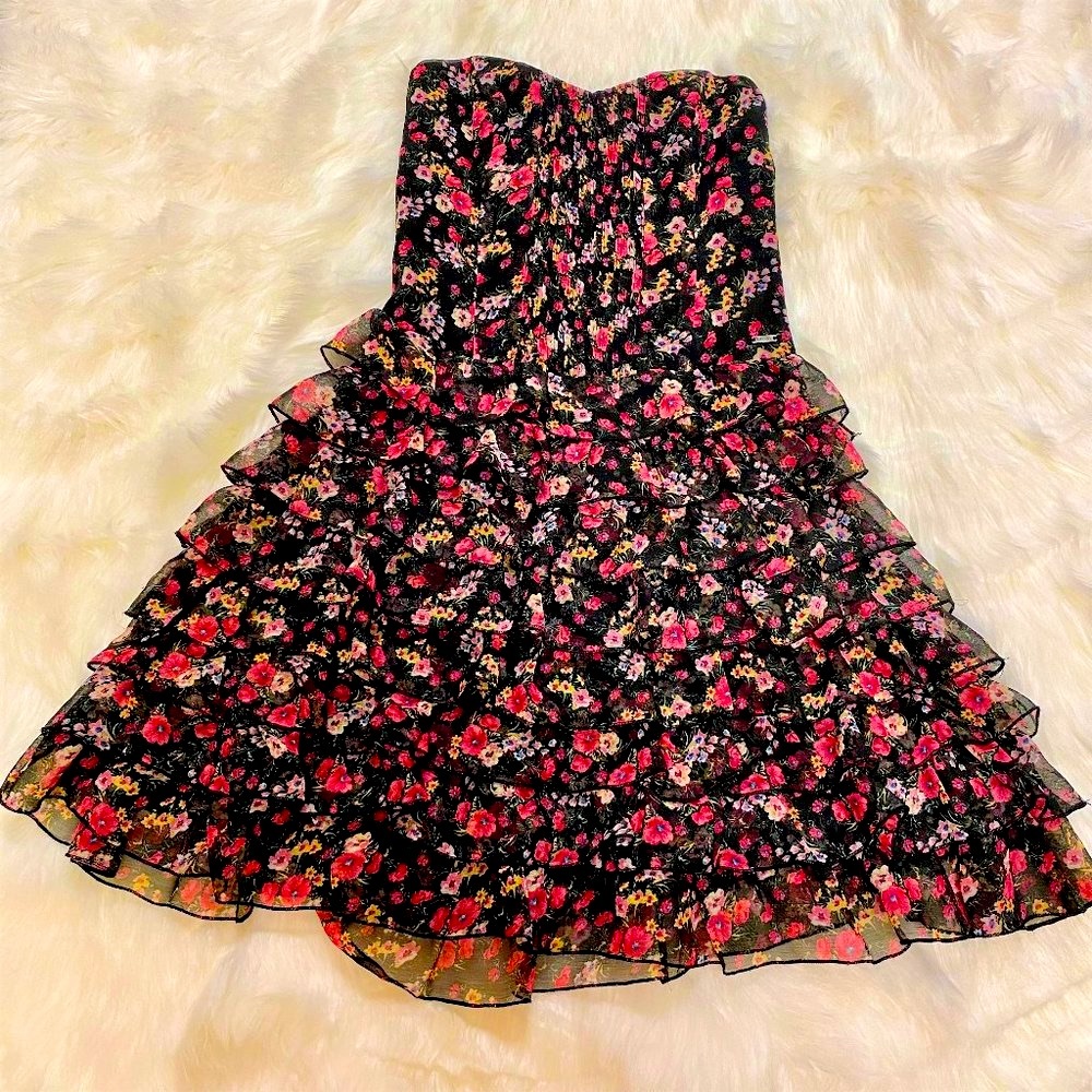 Floral Strapless Ruffle Fitted Cocktail Dress